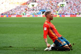 You can probably guess the joke being made as Sergio Ramos tries to claim Spain’s opener against Russia