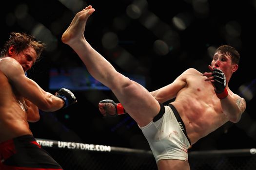 ROTTERDAM, NETHERLANDS - SEPTEMBER 02: Darren Till (white shorts) of England and Bojan Velickovic of Serbia compete in their Welterweight bout during the UFC Fight Night at Ahoy on September 2, 2017 in Rotterdam, Netherlands. (Photo by Dean Mouhtaropoulos/Getty Images)