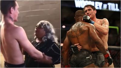 Darren Till embraced by Tyron Woodley’s mother backstage at UFC 228