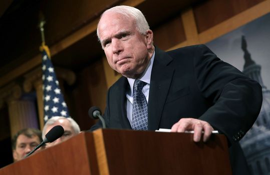 WASHINGTON, DC - FEBRUARY 05: Sen. John McCain (R-AZ) speaks during a press conference at the U.S. Capitol February 5, 2015 in Washington, DC. McCain and a group of bipartisan senators spoke out in favor of arming Ukrainians in their conflict with Russia. (Photo by Win McNamee/Getty Images)