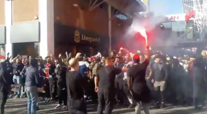 WATCH: PSG Ultras storm Liverpool town centre with flares