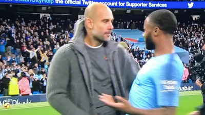 Pep Guardiola appeared to give Raheem Sterling a dressing down at full time despite derby win