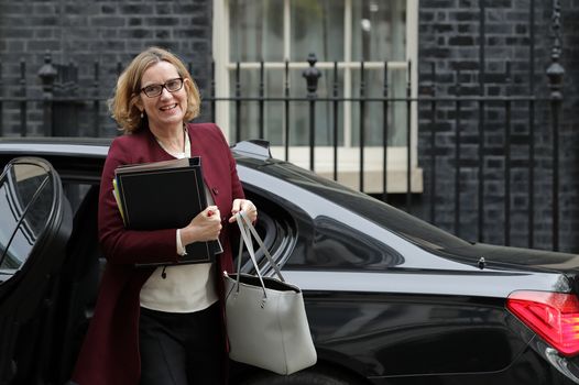 LONDON, ENGLAND - APRIL 24: Britain's Home Secretary Amber Rudd arrives in Downing Street for the weekly cabinet meeting on April 24, 2018 in London, England. (Photo by Dan Kitwood/Getty Images)