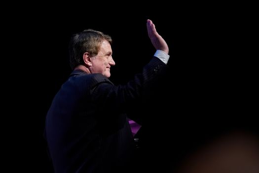 BIRMINGHAM, ENGLAND - SEPTEMBER 21: UKIP leader Gerard Batten MEP waves to the audience after addressing delegates during the UKIP annual conference at the International Convention Centre on September 21, 2018 in Birmingham, England. (Photo by Christopher Furlong/Getty Images)