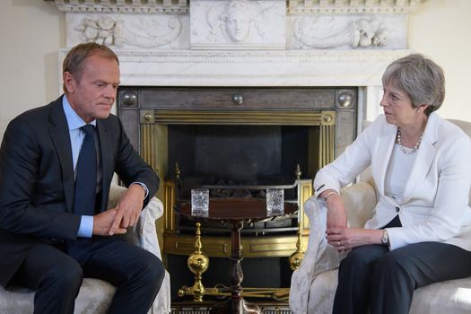 LONDON, ENGLAND - JUNE 25: British Prime Minister Theresa May (R) meets with President of the European Council Donald Tusk at Downing Street on June 25, 2018 in London, England. (Photo by Leon Neal - WPA Pool/Getty Images)