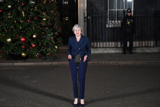 LONDON, ENGLAND - DECEMBER 12: British Prime Minister Theresa May gives a speech after winning the confidence vote on December 12, 2018 in London, England. Theresa May survived a confidence ballot in her leadership this evening as Conservative MPs voted 200/117 in favour of her staying on as leader of the Conservative Party. She will now be safe from another challenge from her own party for 12 months. (Photo by Leon Neal/Getty Images)