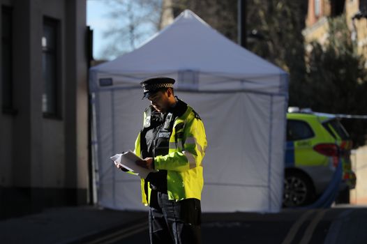 LONDON, ENGLAND - APRIL 05: A forensic tent covers the scene where a man, aged 20, collapsed after being fatally stabbed last night near Link Street, Hackney, on April 5, 2018 in London, England. The man approached police officers and was given first aid at the scene but later died. The latest killing takes the total to over 50 violent deaths in London since the begining of 2018. (Photo by Christopher Furlong/Getty Images)