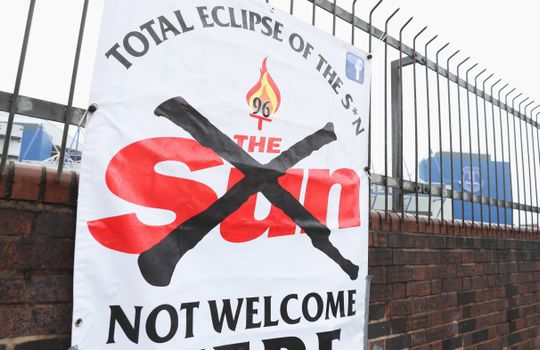 LIVERPOOL, ENGLAND - MARCH 18: Protest banners against buying the The Sun newspaper are seen outside the stadium prior to the Premier League match between Everton and Hull City at Goodison Park on March 18, 2017 in Liverpool, England. (Photo by Mark Robinson/Getty Images)