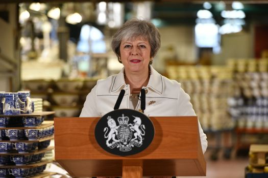 STOKE ON TRENT, ENGLAND - JANUARY 14: British Prime Minister Theresa May gives a speech after touring the Portmeirion factory on January 14, 2019 in Stoke on Trent, England. On the eve of the critical Commons vote on her plan to leave the EU, Ms May is urging MPs to consider the "consequences" of their actions in effecting the people's faith in Britain's democracy. (Photo by Ben Birchall - WPA Pool/Getty Images)