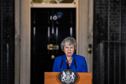 LONDON, ENGLAND - JANUARY 16: Prime Minister Theresa May addresses the media at number 10 Downing street after her government defeated a vote of no confidence in the House of Commons on January 16, 2019 in London, England. After the government's defeat in the Meaningful Vote last night the Labour Party Leader, Jeremy Corbyn, immediately called a no-confidence motion in the government. Tonight MPs defeated this motion with votes of 325 to 306. (Photo by Dan Kitwood/Getty Images)