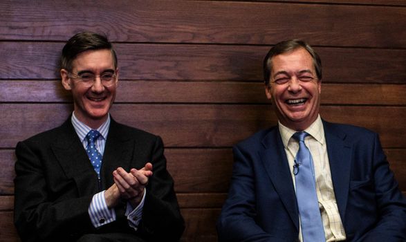 LONDON, ENGLAND - DECEMBER 14: Conservative MP Jacob Rees-Mogg and British MEP Nigel Farage attend a 'Leave Means Leave' Brexit rally at the Queen Elizabeth II Centre on December 14, 2018 in London, England. Several politicians and public figures will speak at a series of rallies by the Leave Means Leave campaign calling on the Government to push ahead with Britain's swift departure from the European Union. (Photo by Jack Taylor/Getty Images)