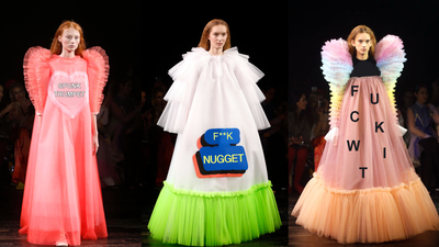 Viktor & Rolf’s meme-inspired dresses are significantly improved with British insults