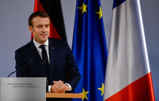 AACHEN, GERMANY - JANUARY 22: French President Emmanuel Macron speaks during a ceremony to mark the signing of the Aachen Treaty on January 22, 2019 in Aachen, Germany. The treaty is meant to deepen cooperation between the countries as a means to also strengthen the European Union. It comes 56 years to the day after then German Chancellor Konrad Adenauer and French President Charles de Gaulle signed the Elysee Treaty, or Joint Declaration of Franco-German Friendship. (Photo by Sascha Schuermann/Getty Images)