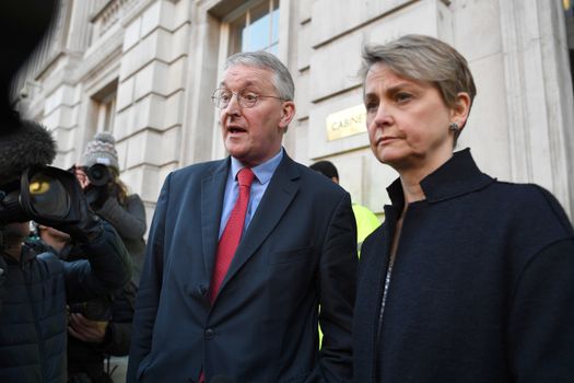 LONDON, ENGLAND - JANUARY 17: MP Hilary Benn and MP Yvette Cooper of the Labour Party leave the Cabinet Office on January 17, 2019 in London, England. After defeating a vote of no confidence in her government, Theresa May called on MPs to break the Brexit deadlock and 'come together, put the national interest first - and deliver on the referendum.' (Photo by Leon Neal/Getty Images)