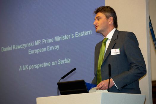 LONDON, UNITED KINGDOM - OCTOBER 29: Serbian MP Daniel Kawczynski, Eastern European Envoy, makes a speech at the Serbia Investment Day at Central Hall Westminster, on October 29, 2014 in London, United Kingdom. The conference is part of plans to foster business relations between the UK and Serbia, creating investment options in Serbia, to support the country's emerging economic development. (Photo by Peter Dench/Getty Images for Serbia Investment Day)