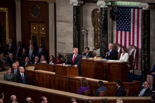 WASHINGTON, DC - FEBRUARY 05: President Donald Trump delivers the State of the Union address in the chamber of the U.S. House of Representatives at the U.S. Capitol Building on February 5, 2019 in Washington, DC. President Trump's second State of the Union address was postponed one week due to the partial government shutdown. (Photo by Zach Gibson/Getty Images)