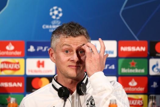 MANCHESTER, ENGLAND - FEBRUARY 11: Ole Gunnar Solskjaer, Interim Manager of Manchester United reacts during a press conference ahead of their UEFA Champions League Round of 16 match against Paris Saint-Germain F.C. at Aon Training Complex on February 11, 2019 in Manchester, England. (Photo by Jan Kruger/Getty Images)