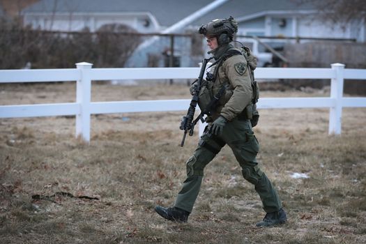 AURORA, ILLINOIS - FEBRUARY 15: Police secure the area following a shooting at the Henry Pratt Company on February 15, 2019 in Aurora, Illinois. Five people were reported dead and 5 police officers wounded from the shooting. The gunman has been identified as Gary Martin, a 45-year-old man believed to be an employee at the company. (Photo by Scott Olson/Getty Images)