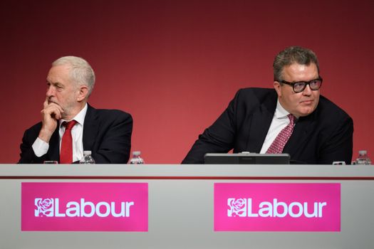 BRIGHTON, ENGLAND - SEPTEMBER 24: Labour Party leader Jeremy Corbyn (L) sits with Deputy Leader Tom Watson in the main hall on the first day of the Labour Party conference on September 24, 2017 in Brighton, England. The annual Labour Party conference runs from 24-27 September. (Photo by Leon Neal/Getty Images)