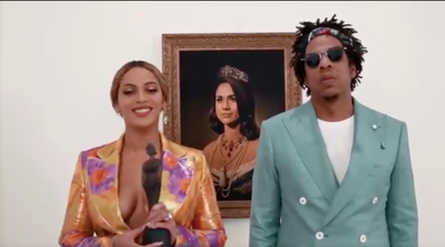 Beyonce and Jay-Z accept BRIT award in front of Meghan Markle portrait