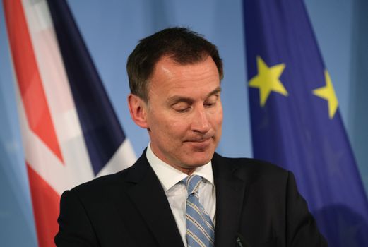 BERLIN, GERMANY - FEBRUARY 20: British Foreign Secretary Jeremy Hunt and German Foreign Minister Heiko Maas (not pictured) speak to the media following talks on February 20, 2019 in Berlin, Germany. The two men discussed Brexit and the possible return of captured German and British ISIS fighters from Syria. (Photo by Sean Gallup/Getty Images)