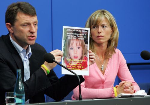 BERLIN - JUNE 06: Kate and Gerry McCann, the parents of the missing 4-year-old British girl Madeleine McCann, display a poster of their missing daughter during a press conference on June 6, 2007 in Berlin, Germany. Kate and her husband Gerry are in Berlin to spread the word in the search for their missing duaghter Madeleine who disappeared from their holiday apartment in Praia da Luz, Portugal on May 3, 2007. (Photo by Miguel Villagran/Getty Images)