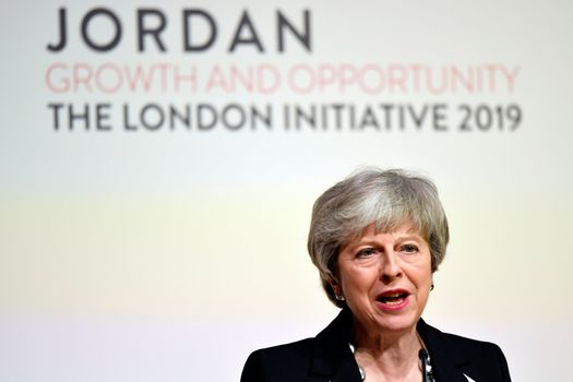 LONDON, ENGLAND - FEBRUARY 28: Britain's Prime Minister Theresa May speaks at the Jordan Growth and Opportunity Conference on February 28, 2019 in London, England. (Photo by Toby Melville WPA Pool/Getty Images)