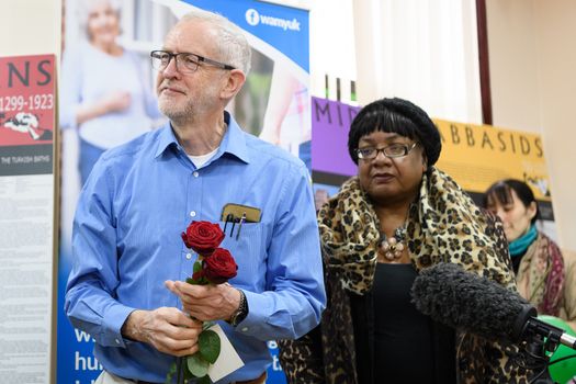 LONDON, ENGLAND - MARCH 03: Labour Party leader Jeremy Corbyn and Shadow Home Secretary Diane Abbott visit Finsbury Park mosque on "Visit Your Mosque Day", on March 03, 2019 in London, England. A man was killed near the mosque during an attack by far right extremist Darren Osborne in June 2017. (Photo by Leon Neal/Getty Images)