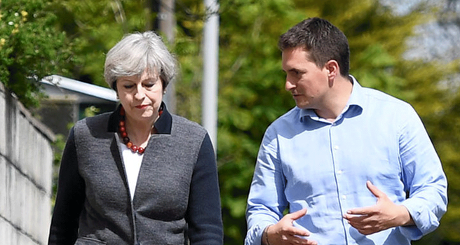 Johnny Mercer and Theresa May in conversation during 2017's general election campaign. Mercer has since attacked the prime minister repeatedly and is now shaping to replace her as leader of the Conservative party.