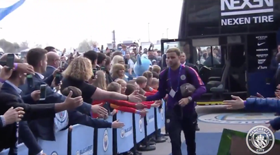 Ridiculous scenes as Manchester City players have over-the-top walking off the bus announcer