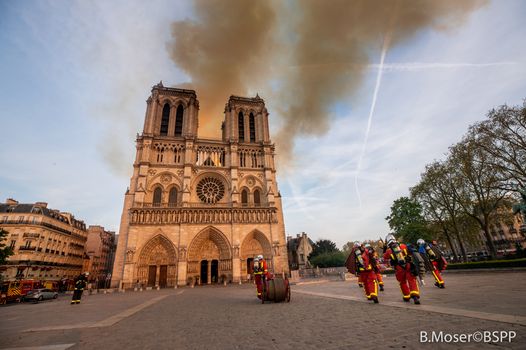 PARIS, FRANCE - APRIL 15: In this handout image provided by Brigade de sapeurs-pompiers de Paris, firefighters battle the blaze at Notre-Dame Cathedral on April 15, 2019 in Paris, France. A fire broke out on Monday afternoon and quickly spread across the building, collapsing the spire. The cause is yet unknown but officials said it was possibly linked to ongoing renovation work. (Photo by Benoît Moser/BSPP via Getty Images)