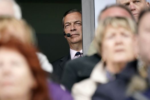 Nigel Farage looks out at the crowd before a Brexit party campaign rally