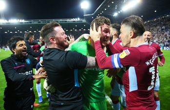 Villa goalkeeper Jed Steer stares down Mason Holgate before penalty save