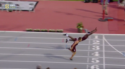 College athlete risks it all with superman dive to win 400m hurdles