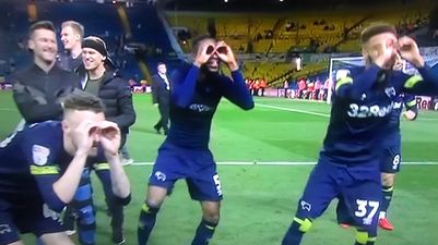 Derby players mock Leeds with spygate celebration after playoff win