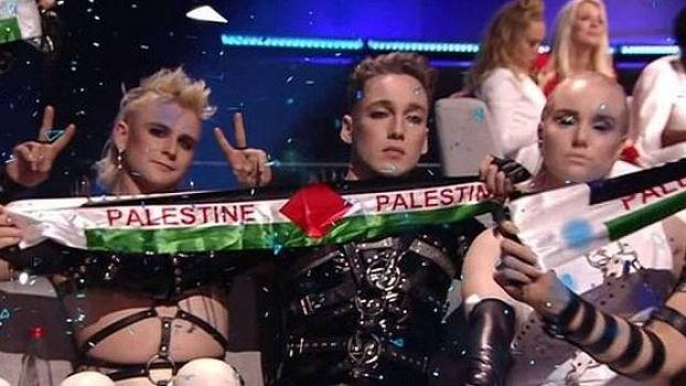 Eurovision act Hatari protest Israel with Palestinian flags