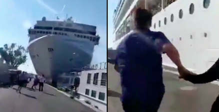 Footage shows the terrifying moment a cruise ship crashed into a tourist boat in Venice injuring at least five people