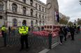 Extinction Rebellion place climate change banner on Cenotaph on Remembrance Day