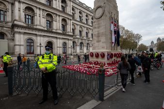 Extinction Rebellion place climate change banner on Cenotaph on Remembrance Day