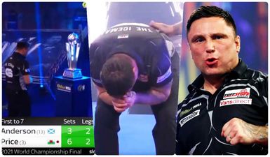 Gerwyn Price walks right up to the Sid Waddell trophy before finally nailing his 12th match dart