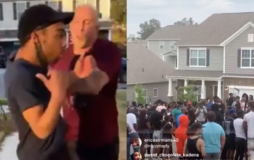 Black Lives Matter protesters gather at home of soldier seen shoving Black man on his street