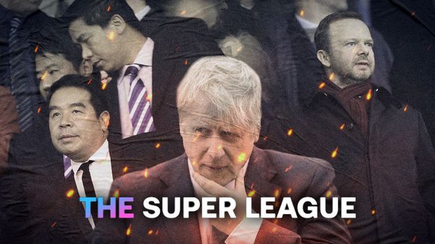 Boris Johnson, Carson Yeung, and Eg Glazer stand in the background behind the words 'The Super League'