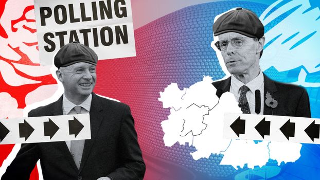 Liamm Byrne and Andy Street, the two leading candidates in the West Midlands mayoral election are depicted in graphical style, wearing hats reminiscent of the Peaky Blinders