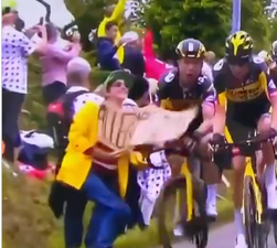 Fan brings down half of Tour De France racers with cardboard sign