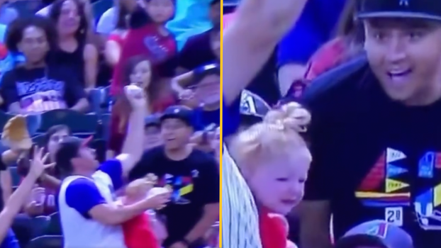 Man catches baseball and baby without spilling his beer