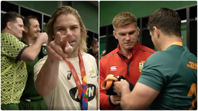 Post-match scenes from Springboks changing room show Owen Farrell’s big jersey swap