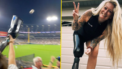 Woman catches home run ball in prosthetic leg during amazing baseball game moment