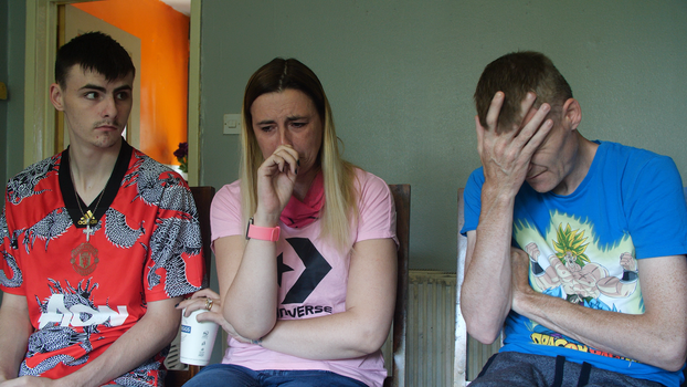 Ricky Junior, Helen, and Ricky Senior Fraser sit in their living room, discussing Jak Fraser's death by suicide.