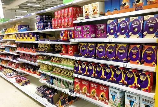 Supermarket shelves filled with Easter eggs