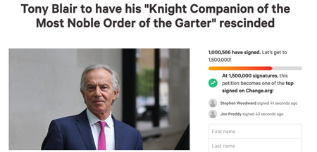 Tony Blair Knighthood: Petition to revoke former PM’s honour reaches 1m signatures